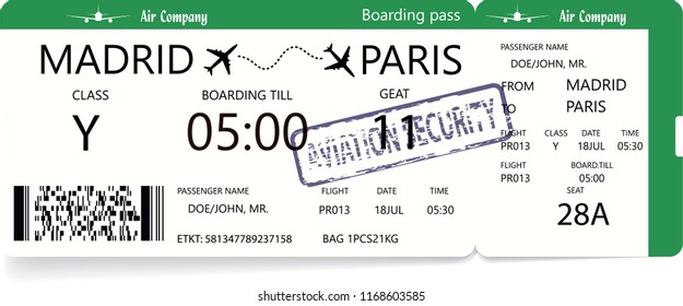 Airplane ticket pattern. Template of green boarding pass. Isolated on white background. Vector illustration