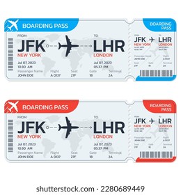 Airplane ticket set. Flight boarding pass design. Air, plane, airline card template. Fly, travel concept. Vector illustration.