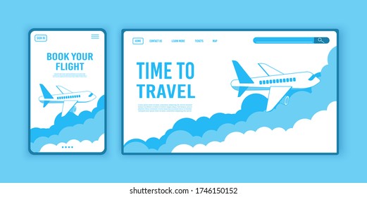 Airplane ticket template or landing page design, banner with flying airliner in sky with clouds, passenger aircraft, plane, tourism concept, vector illustration. Reopening airline travel flight.