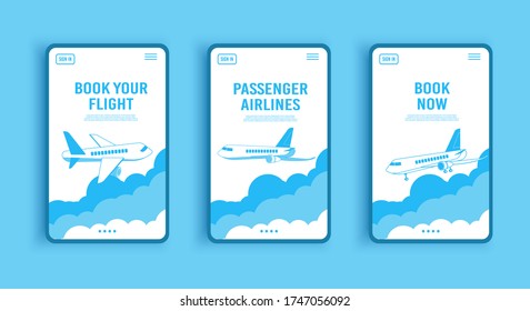 Airplane ticket template or landing page resumption of flights, banner with flying airliner in sky with clouds, passenger aircraft, plane, tourism concept, vector. Reopening airline travel flight.