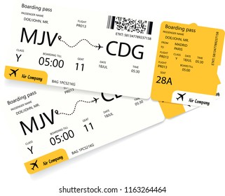 Airplane ticket template. Pattern of yellow boarding pass coupon isolated on white background. Vector illustration