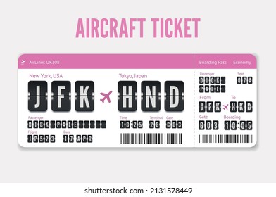 Airplane Ticket template. Pink flight card with destination in Tokyo, Japan. Vector Boarding pass isolated on white