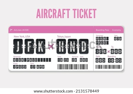 Airplane Ticket template. Pink flight card with destination in Tokyo, Japan. Vector Boarding pass isolated on white