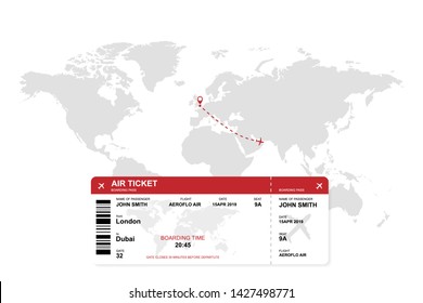 Airplane ticket with world map background. London - Dubai