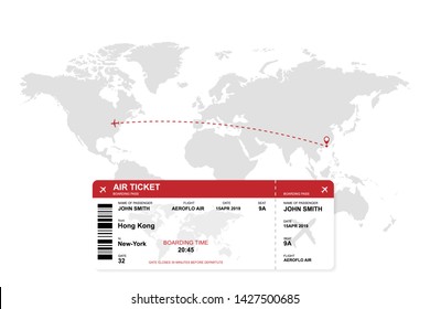 Airplane ticket with world map background Hong Gong - New York