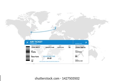 Airplane ticket with world map background. Paris - New York