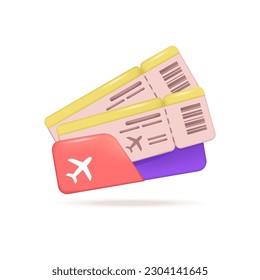 Airplane tickets 3d vector illustration. Documents for traveling abroad by plane in cartoon style isolated on white background. Summer, tourism, vacation, travel concept