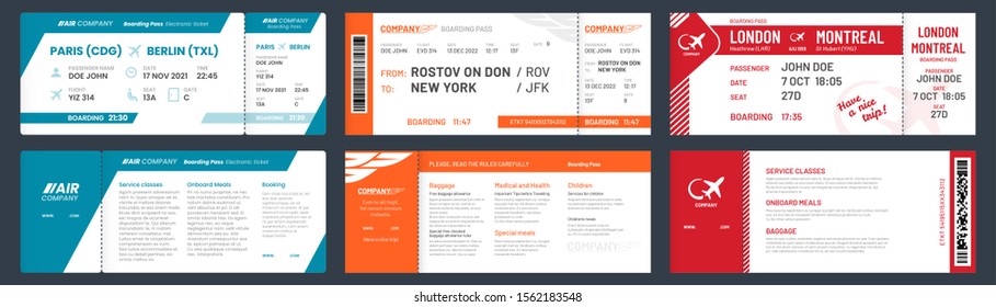 Airplane tickets. Airline ticket template with passenger name, aircraft trip flying tickets. travelling departure plane ticket, aircraft travel card vector illustration set