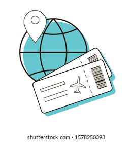 Airplane tickets. Business trip to another country. Vacation time. Flying over a long distance. Moving around the world. Design element. Vector illustration. 