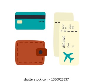 Airplane Tickets, Credit Card and Wallet doodle hand drawing illustration. Vector elements Isolated on white background