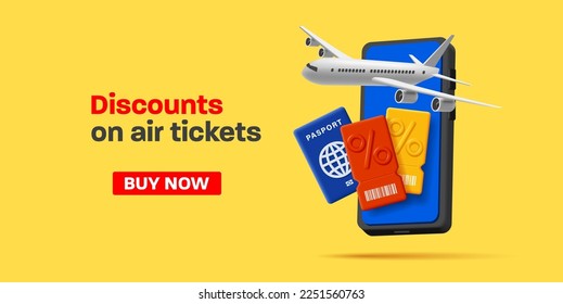 Airplane tickets discounts banner with 3d render illustration of a smartphone with passport and tickets