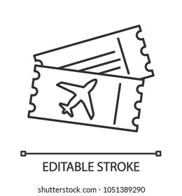 Airplane tickets linear icon. Thin line illustration. Airline boarding pass documents. Contour symbol. Vector isolated drawing. Editable stroke