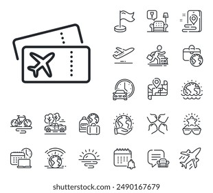 Airplane tickets sign. Plane jet, travel map and baggage claim outline icons. Boarding pass line icon. Check in flight symbol. Boarding pass line sign. Car rental, taxi transport icon. Vector