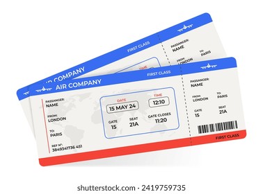 Airplane tickets template with boarding pass with passenger name and destination way, realistic vector illustration, trip and travel concept