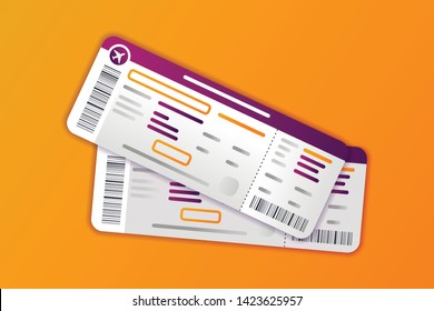 Airplane tickets vector illustration . Boarding pass documents for flight.  Concept for web page, presentation, smm, ad, site. UI/UX/GUI design realistic element.