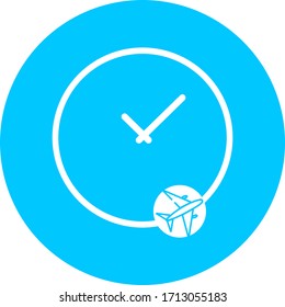 Airplane time, clock, watch in blue circle icon. Concept of UI design elements. Digital countdown app, user interface kit, mobile clock interface. It's time to travel sign