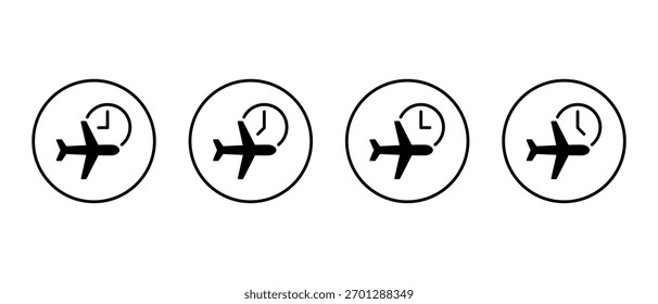 Icono de tiempo del avión en contorno circular. Símbolo de vuelo y reloj. Horario de viaje y señal de salida