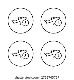 Ícone de tempo de avião definido em contorno circular. Símbolo de horário de voo atrasado. Sinal do relógio de aviação