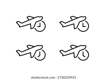 Ícone de tempo do avião definido. Símbolo de horário de voo atrasado. Sinal do relógio de aviação