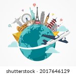 airplane and time to travel banner.  travel around the world. landmarks on the globe. Tourism trip concept. Journey in Vacation. Vector illustration modern flat design. 