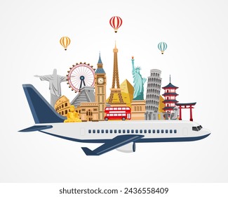 airplane and time to travel banner. travel around the world. buildings and landmarks on plane. vector illustration in flat style modern design. isolated on white background.