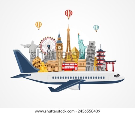 airplane and time to travel banner. travel around the world. buildings and landmarks on plane. vector illustration in flat style modern design. isolated on white background.