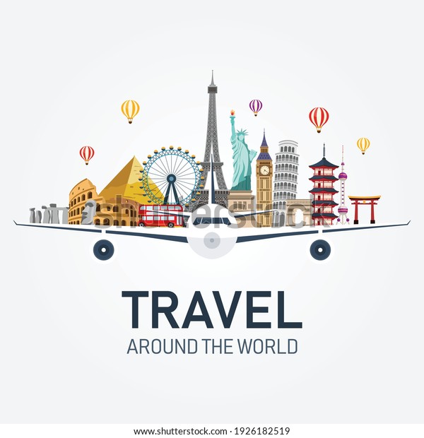 airplane and time\
to travel banner. travel around the world. buildings and landmarks\
on plane. vector illustration in flat style modern design. isolated\
on white background.