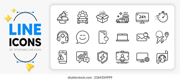 Airplane, Timer and Selfie stick line icons set for app include Monitor settings, Smile chat, 24h service outline thin icon. Power safety, Food delivery, Search mail pictogram icon. Vector