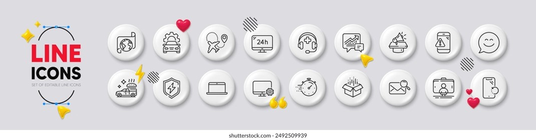 Airplane, Timer and Selfie stick line icons. White buttons 3d icons. Pack of Monitor settings, Smile chat, 24h service icon. Power safety, Food delivery, Search mail pictogram. Vector