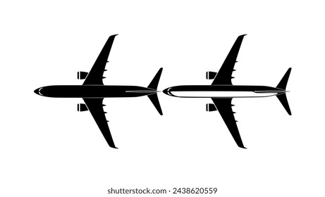 airplane top view, black isolated silhouette