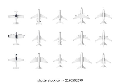 Airplane top view. Cartoon civil aviation small and large passenger and cargo aircraft models, plane vehicle toy view from above. Vector isolated set. Different transport flying in sky