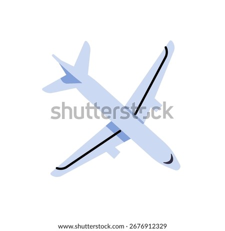 Airplane top view icon. Plane flying in air. Flight of aircraft. Aeroplane flies, landing or taking off. Travel by commercial passenger airlines. Tourism. Flat isolated vector illustration on white