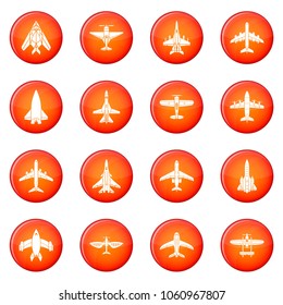 Airplane top view icons set vector red circle isolated on white background 