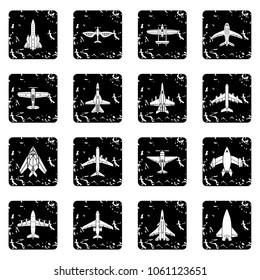 Airplane top view icons set vector grunge isolated on white background 