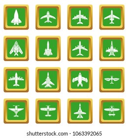 Airplane top view icons set vector green square isolated on white background 