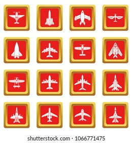 Airplane top view icons set vector red square isolated on white background 