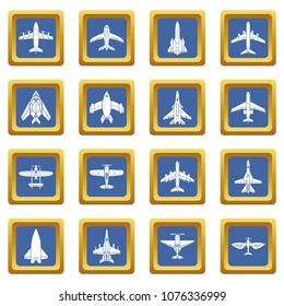 Airplane top view icons set vector blue square isolated on white background 