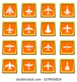 Airplane top view icons set vector orange square isolated on white background 