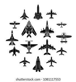 Airplane top view icons set. Simple illustration of 16 airplane top view vector icons for web