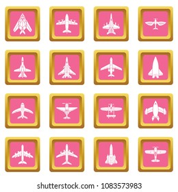 Airplane top view icons set vector pink square isolated on white background 