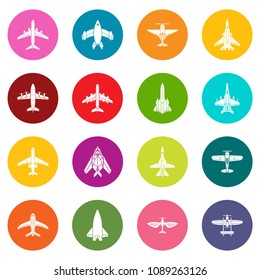 Airplane top view icons set vector colorful circles isolated on white background 