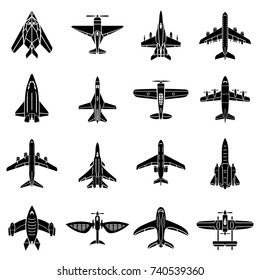 Airplane top view icons set. Simple illustration of 16 airplane top view vector icons for web