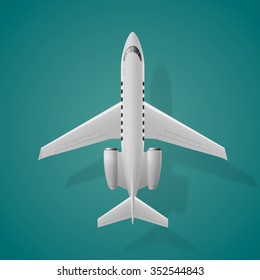 Airplane top view, isolated  on blue background, vector illustration.