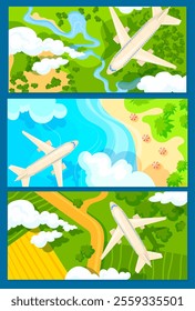 Airplane top view landscape. Aircraft fly above land nature aerial background, touristic plane flight poster cards flying tour tropical sea air trip travel neat vector illustration original artwork