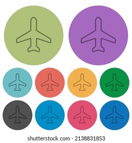 Airplane top view outline darker flat icons on color round background