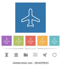 Airplane top view outline flat white icons in square backgrounds. 6 bonus icons included.