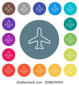 Airplane top view outline flat white icons on round color backgrounds. 17 background color variations are included.