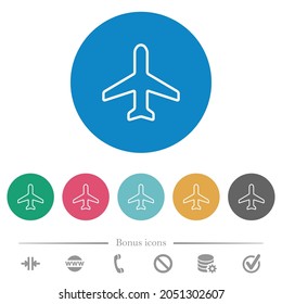 Airplane top view outline flat white icons on round color backgrounds. 6 bonus icons included.