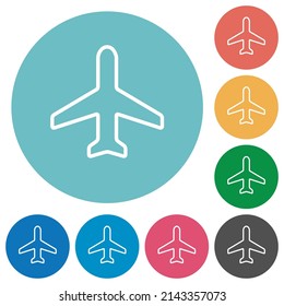 Airplane top view outline flat white icons on round color backgrounds