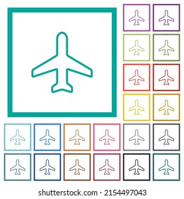 Airplane top view outline flat color icons with quadrant frames on white background